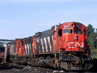 The power from a gypsum train is being put to bed on the "shop" tracks in Dartmouth yard.