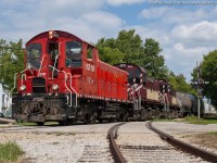 OSRX 1210, OSRX 504 and OSRX 505 lead their train towards downtown Guelph to work the industries on their line.