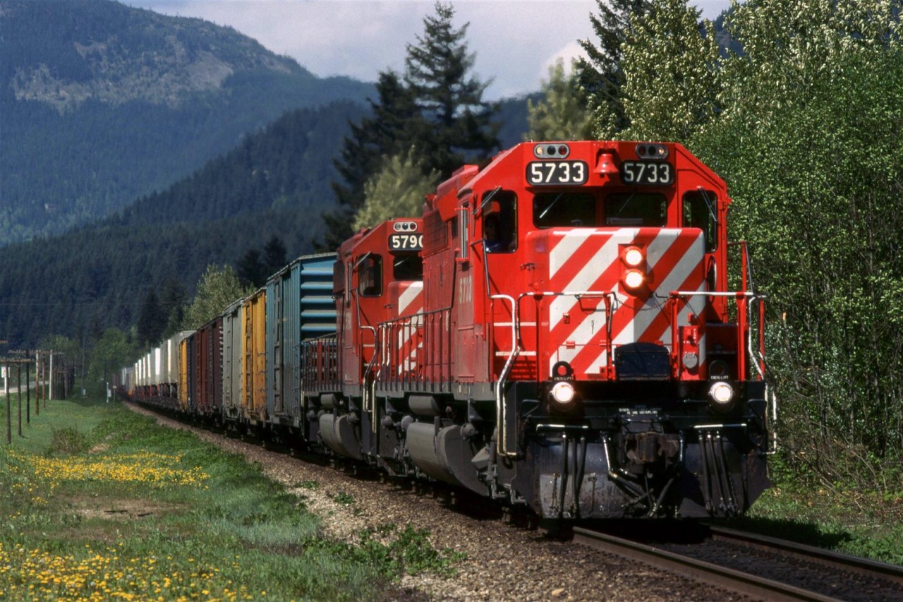 Not a particularly creative photo, but it does show a typical high priority train in CP in the early '90's - Box cars, and TOFC. Note the "extra" lights and the pole line, also.