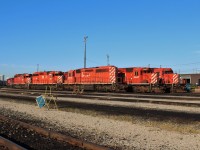 <b> Action Red extravaganza </b> Five action red units all together. CP SD40-2 5755 with 2 DME and ex CP SD40's 6089 & 6093 in front of it. CP SD40-2's 6007 and 6050. DME 6089 is ex CP 5533 built in 1967 and the DME 6093 is ex CP 5530 built in December 1966.