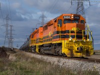 My kind of pumpkins for halloween...RLHH 3404 and RLHH 3403 are seen lifting tank cars off of the old CN Cayuga Subdivision portion of the Wye at Garnet.  They are pulled clear across Highway 3 at this point.  After a day spent teaching and halloween festivities heading out to the SOR was a fun call.  Fellow railfan Glenn Cherry was down at the crossing waiting for them to shove back clear of the road.  