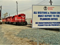 The sign says it all...SOO GP38-2 4420, an ex SOO SD40-2 and a red barn fill up the SBI R10 track which no longer exists. The track was deemed no longer required and was ripped up and the inspection pit filled in.