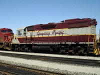 Classic CP paint scheme viewed the older proper way: Long hood forward. This GP38-2 was painted in the heritage scheme in 2000 for use in the "Royal Canadian Pacific" train.