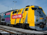 VIA #916 is showing off it's new "wrap" as it helps us Canadians celebrate our 150th Anniversary. Shot in Windsor, Ontario on February 4, 2017. Can't say as it's as pretty as I had hoped, but at least it is something different than the usual "BLAH" stuff.