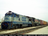 A couple 'southerners' from CSX are heading up the CSX Pelton Turn as it sits in front of Windsor South Depot waiting for a signal to head back to the U.S.  CSX 5732 is a former Seaboard Coast Line U36B while CSX 7062 is a former 'L&N' (under the Family Lines road) C30-7.