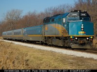 VIA 6446 leads a fast paced Train #72 on February 27, 2017 as it rolls through Puce, Ontario.