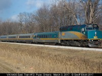 As the clouds parted, VIA #72, with 6405 leading, raced through Puce, Ontario on a beautiful March 3, 2017 day.