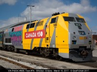 VIA P42DC #908 wears another version of the "Canada 150" as it waits to depart Windsor, Ontario on train #76 bound for Toronto.  This wrap has "Parent, Kamloops, St. Mary's, and Toronto" as the four station names to adorn the Engineer side of the unit.