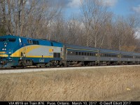 VIA P42DC #919 hustles train #73 as rolls through Puce, Ontario.  In about 20 minutes 919 will arrive at it's final destination in Windsor, Ontario.