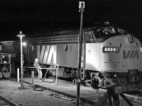 Ontario Northland car knockers service the service "The Northland". After refueling and changing crews the train will continue on its way to a morning arrival in Toronto.  