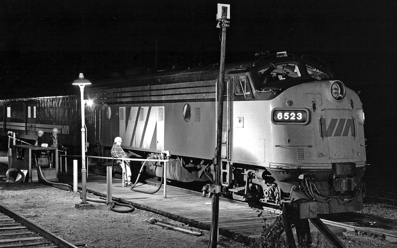 Ontario Northland car knockers service the service "The Northland". After refueling and changing crews the train will continue on its way to a morning arrival in Toronto.