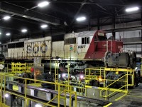 SOO SD60 6027 is in for a #1 traction motor change out on the drop table. Now that some of the SD40-2's have been overhauled and repainted I wonder how much longer the SOO LINE white/red paint scheme will be around for. 