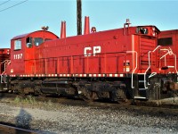 Formerly CP 8156 this SW1200RS was converted to a yard control unit, painted in the candy apple red with only the CP initials. 