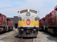 Front end of CP 4106 the trailing FP9A on the Canada 150 train. The power was removed from the train to get freshened up for the next day's event at Lambton Yard.
