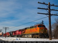 Strange bed fellows........  CP Transfer T40 backs into Windsor Yard on January 2, 2018 with quite a variety of power to show off with BNSF ES44DC #7694 on point, CP SD60 #6249, and new CN ET44CW #3026 rounding out the trio.  I think it's time to start the merger rumours!!  :-)