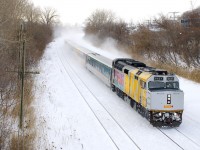 VIA Rail has started to remove 'Canada 150' markings from rolling stock, as has happened with VIA 6437 (one of four F40's to a Canada 150 wrap). It is seen here leading VIA 62, kicking up the snow with five LRC coaches in tow.