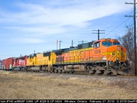 Returning from the U.S. with the transfer, CP Train T40 has a 'hodge-podge' of power with BNSF 5386 on point, UP 4028, and CP 5024 rounding out the trio.  This power has been on the transfer for over a week, but with the horrible weather we've had this has been my first opportunity to shoot it in decent light.