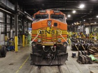 A rare appearance for a foreign unit in the shop in the form of BNSF C44-9W  4163.