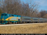 VIA 915 heads up a nice matched stainless consist on train #73 as it rolls through Puce, Ontario on March 20, 2018.