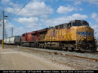 UP 5457 heads up CP Train #140 as it departs Dougal Ave. in Windsor, Ontario with a fresh crew and a clearance to Ringold.