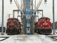 AC4400 8633 poses alongside rebuilt AC4400CWM 8131 (ex CP 9656) Good way to compare the two cab styles.