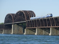 AMT 1345 and 4 cars make up EXO 78 as it crosses the St. Lawrence River on the approach to Lasalle Station.