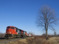 CN 369 has CN 5703, CN 2226 and 120 cars as it approaches the Chemin de la Rivière-Delisle crossing at MP 35.74 of CN's Kingston Sub. Up front are a string of aluminum cars from a number of Rio Tinto Alcan plants in Northern Quebec.