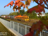 Ahh.. I do miss the GEXR motive power.. and the GEXR in town. CN's neat, but these are three SD's.. two 40's and one SD45.. where else can you get this so regularly in Ontario. And I knew not to take it for granted. Fall is just taking hold and in an experimental mood came up with this scene. 