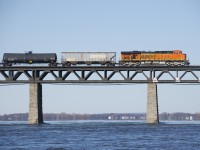 BNSF 6105 brings up the rear of loaded ethanol train CP 650, on its way to Albany as it crosses the St. Lawrence River.