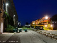 Near the summer solstice in 2018 I took my chances on the GEXR 584 departing with enough light to shoot and <a href=http://www.railpictures.ca/?attachment_id=35028 target=_blank>I got lucky</a>.  I kept chasing all the way to Elmira to see what I could do. When it gets dark you have to pray the train stops, and somewhere good - this was where they stopped and in the brief minute or two of the train being motionless I was able to capture this scene. They are switching Lanxess in Elmira, crazy winds had blown over the municipal garbage bins earlier in the day - at least they weren't on the tracks.