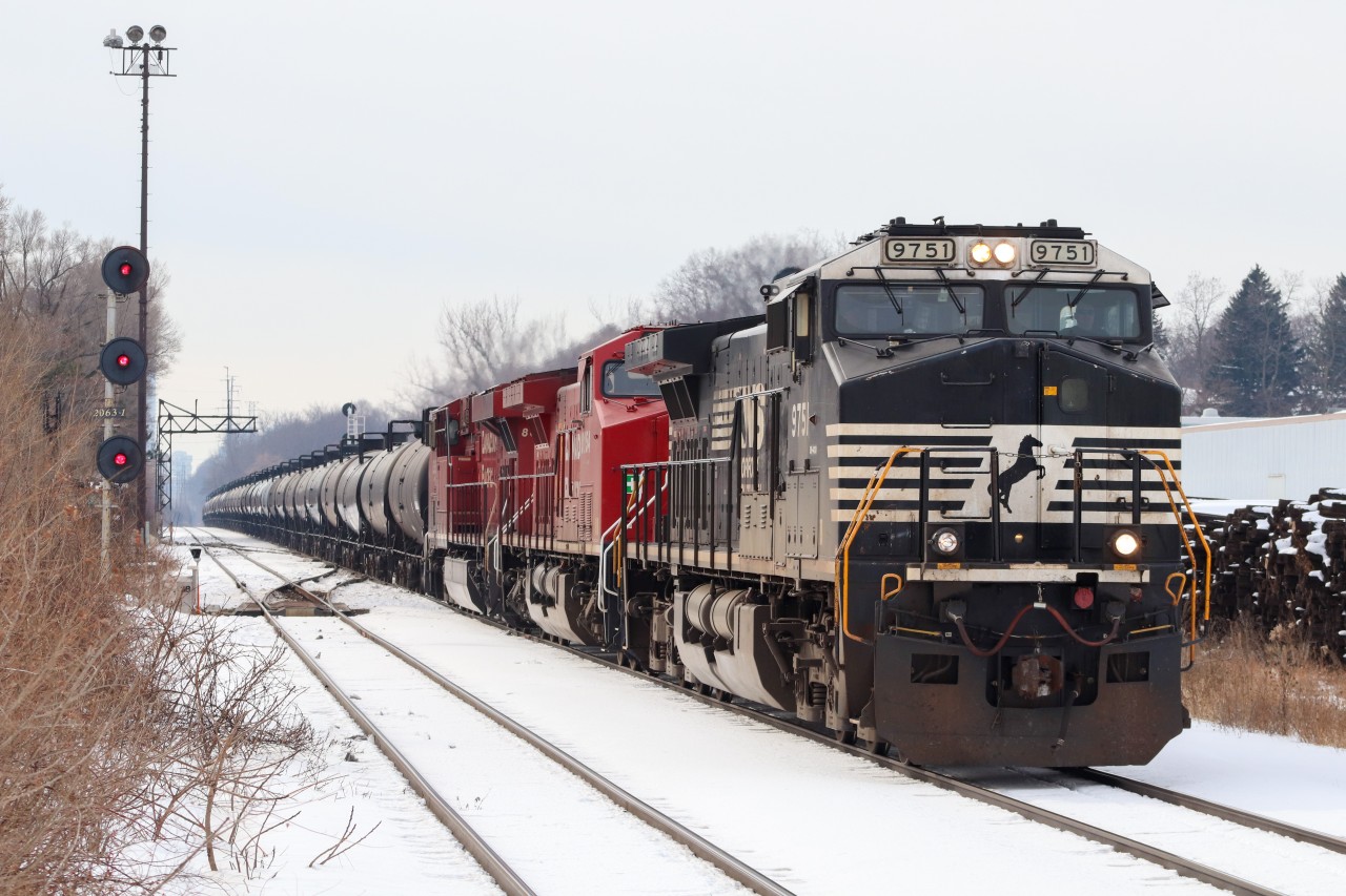 An NS C40-9w takes the lead of cp244 as it exits the north Toronto subdivision and enters the Belleville subdivision at  leaside