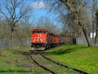 A contrast in railways - GEXR ran lean, minimal units on most locals, minimal track maintenance. Compare the above photo to <a href=http://www.railpictures.ca/?attachment_id=19133 target=_blank>This GEXR springtime scene 5 years ago</a>. With 4 units assigned to L540 it's as if CN says 'hold my beer' in the horsepower department. A lovely springtime garden railway scene right through peoples backyards along Crimea St in Guelph. Almost timeless, it's interesting to have CN to photograph after 20 years of the GEXR.