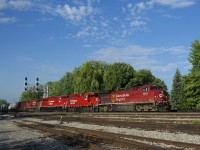 CP 253 has a diverse lashup as it passes Lasalle Yard with AC4400CWM CP 8019, GP20C-ECO CP 2209, SD70ACU CP 7055 and ES44AC CP 8821.