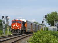 CN 271 with CN 3242 and 104 autoracks splits the intermediate signals at MP 242.2 of CN's Kingston Sub which are in the middle of being replaced.