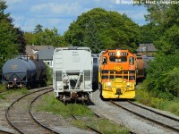 GEXR 583, the afternoon job to Guelph has arrived in town and is passing Lower Yard. Just look at that yard track - some of those rails are from the 19th century. 583 would turn on the wye, set off cars in lower yard from the other side, then duck into PDI liquids to begin work while 582 passes by on the main. The day job and the afternoon job seem to be the regular order of business for the GJR under GEXR, not too dissimilar to OSR, except that the 0800 job does not re-crew at 1430. We'll see how long this lasts of course.

