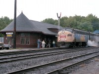 It is a dull overcast Sunday afternoon as the southbound Toronto edition of the Canadian comes 'steaming' to a station stop at the CP station in Parry Sound. There are a few passengers but otherwise the same old characters wander over to meet the train and shoot the breeze. This scene is 35 years old already; the station is now a commercial enterprise and all the characters have moved on. Having said that, this character has moved on as well. Parry for trains is still busy, but the human interacting side of it is gone, longer nondescript trains with a single unit, or two, up front, a DPU and they all seem to look the same.