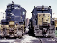 Over the weekend in late May of 1975, made a visit to the Chessie facilities in St. Thomas, as it was a nice warm day; and grabbed this image while there.  C&O 5734, a GP7, was built in the early 50s, and it was cozied up to a GP30 #3018 of 1962 vintage. Always liked the style of the GP30s..........