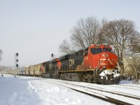 With the usual 205 loaded potash cars and a train weighing in at about 30,000 tons, CN B730 is passing MP 3 of CN's Montreal Sub with a new crew onboard to take it to the next crew change spot of Joffre Yard.