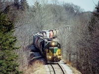 Nice sunny spring (almost!) day as GEXR 4046 and RLK 4001 are heading back to Goderich after having picked up their train in Stratford yard. Photo taken from the Avondale Ave bridge.