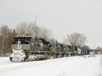 The day after a snowstorm, two days worth of CN 529 have been combined and the train is a few miles from Taschereau Yard with NS 1048, NS 1828, NS 7667, NS 4303 and 54 cars. A crew had taxied down to Rouses Point to pick it up.