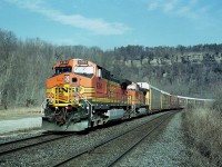 Such "heady" days they were.  And only 15 years ago when you just never knew what would show up leading a CN train. And as a bonus, there were quite a few more trains as well.
In this scene it is in the early afternoon and CN's #393 came up the grade thru Dundas with a pair of BNSF up front. BNSF 4394 and 4542. And a beautiful crisp day !!
This one was a surprise to me. I just wanted to shoot something running west on the north track. Made for a nice shot.