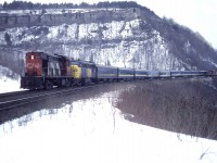 Never did find out why this version of VIA #77 was "special" but I emphasized it in my notebook. It is indeed much longer than normal. Much longer than a weekend #77 and this was shot on a Wednesday.
Anyway, here is CN 3110 assisting VIA 6769 westbound with a healthy looking looking consist. Just barely in the background you can glimpse a local, probably destination Brantford, pulled by CN 4507 and 4528.