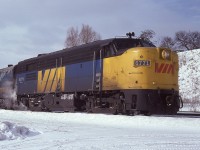 I've always been a big fan of these old F units.  Bayview Junction was a great place to grab a good shot of any that passed thru, with the low speed restrictions as well as many trains being held at signal to the Oakville sub.  This is such an example. Having 6771 stop made for a great photo opportunity. The earliest paint scheme for VIA featured a few variations of the style of a yellow nose and the CN noodle applied in red. That was short lived, replaced by a red (or a rare blue) VIA as seen here. Only a couple of years went by and the scheme reverted to a plain yellow nose.