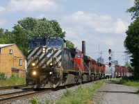 CN 527 has five units as it backs up towards Pointe St-Charles yard with a BC Rail leader.