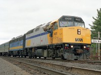 And slightly earlier that same day.  The last photo I posted was the north (west) bound VIA #9 behind 6501 and this is the counterpart #10 with VIA 6423 stopping for a crew change at CN Boyne, about 3 miles south of Parry Sound along James Bay Jct Rd.
It was a good time when both the Toronto portions of the Canadian could be seen in daylight. Now it is obvious we have a relatively new F40PH-3 here; actually barely 3 months old, and these days the units are the backbone of the VIA system across the country. And common.  What is significant about this unit 6423 is it was the very first of the series to be wrecked; having fallen victim in that horrific collision at Thamesville, Ontario on the 23rd of April, 1999. For that reason alone, it deserves to be featured on RP.  Second unit is 6617.