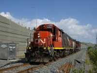 The Pointe St-Charles Switcher has a single boxcar for Kruger as it passes along a section of the Turcot Holding Spur that was completely rebuilt when the nearby Turcot Interchange was replaced over the past few years.