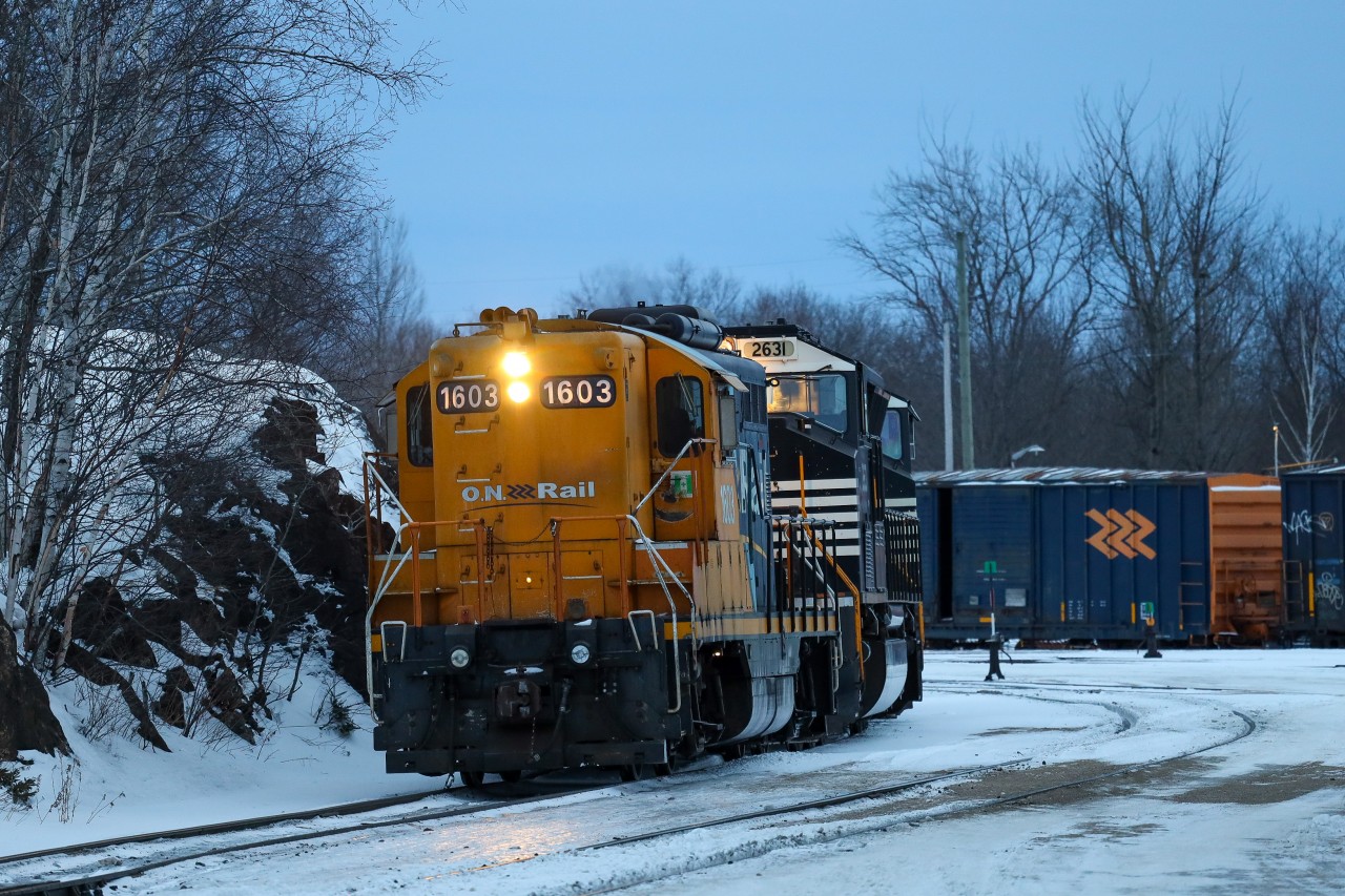 2022.02.21 North Bay 1600 Yard job ONT 1603 switching ONR’s new SD70Ms PRLX 2631 and PRLX 2642