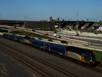 Normally departing Central Station in Montreal once a week Friday morning at 0815, VIA's combined train for northern Quebec left at 1805 due to a heatwave. Up until last week, VIA 601 for Jonquière would be up front, with VIA 603 for Senneterre behind it. With a change in crew runs, VIA 603 is up front and VIA 601 is the second consist. 