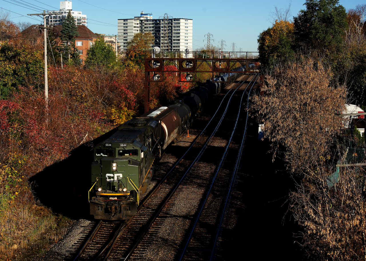 The D-Day tribute unit leads ethanol train CP 528 as it approaches North Jct with a nice multimarked buffer car up front. It took me almost two years to finally shoot CP 6644, the last CP military unit that I hadn't shot till today.