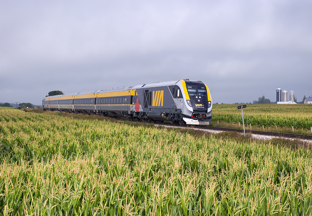 VIA Rail's new Siemens equipment crosses the rich farmland of Perth County during a summer test run.